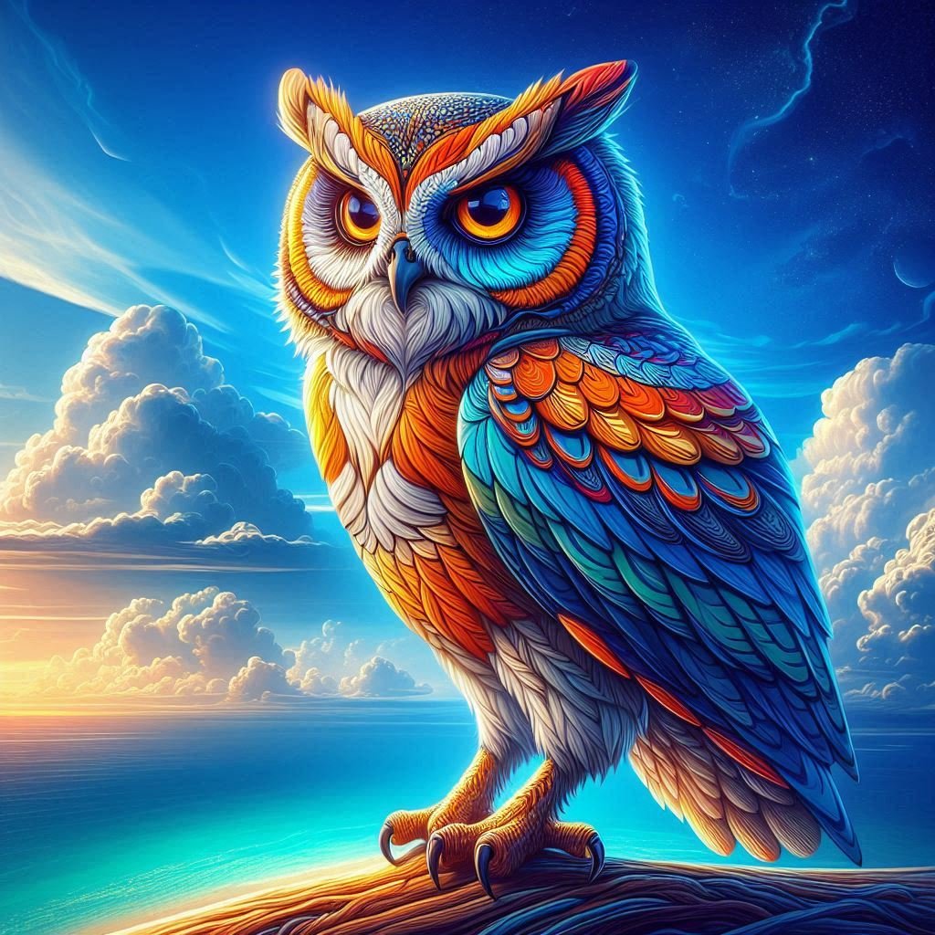 imagem de uma linda coruja colorida, atrás dela, um lindo horizonte azul.