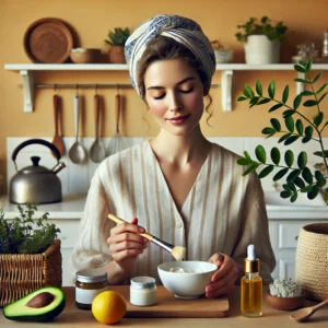 Mulher com a pele madura, fazendo a receita caseira para cuidados com a pele.