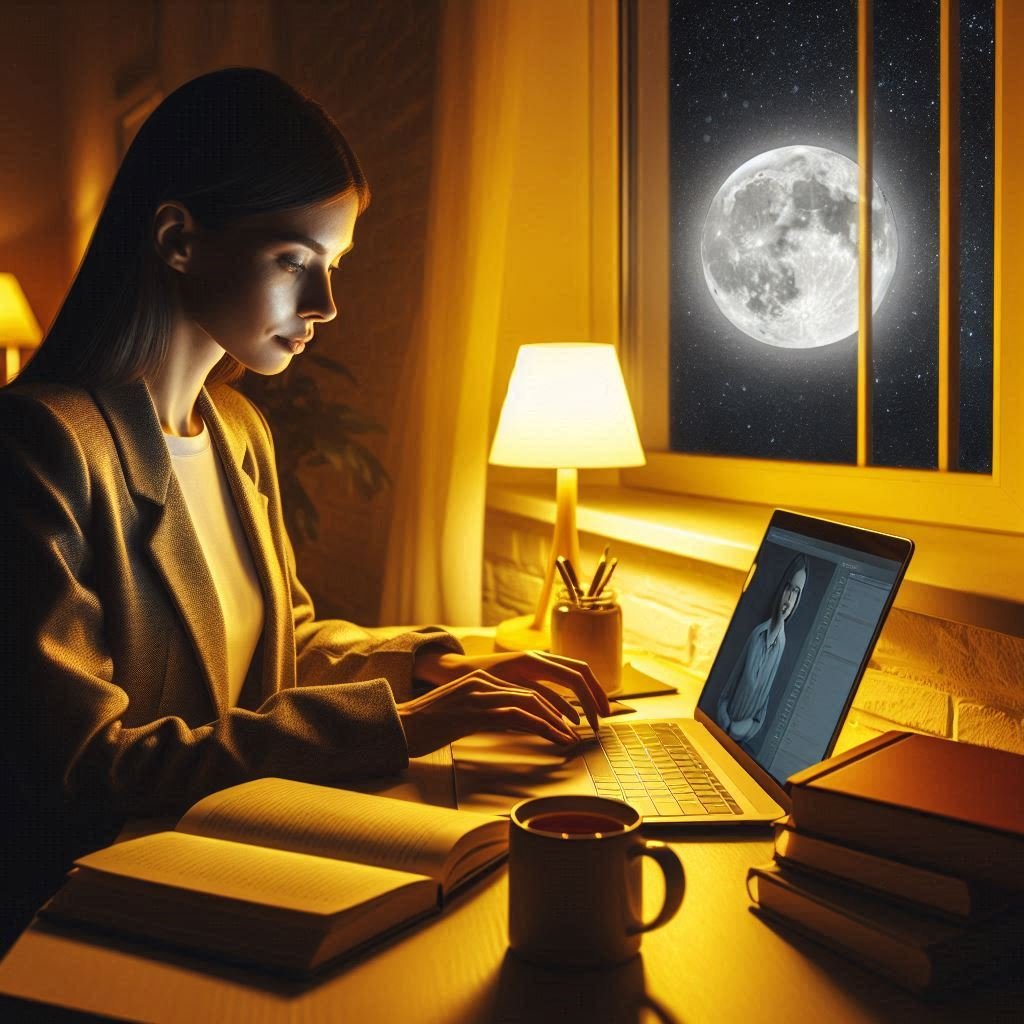 mulher empreendedora estudando, com seu notebook, livros em sua mesa e uma xícara de chá. A janela aberta reflete a luz de uma linda lua cheia.