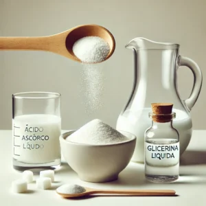 Imagem mostrando uma colher com pó branco representando o ácido ascórbico, um recipiente com glicerina líquida e outro com água.