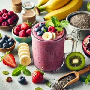 Imagem de um smoothie antioxidante no copo, ao seu redor, os ingredientes que devem ser usados na receita.