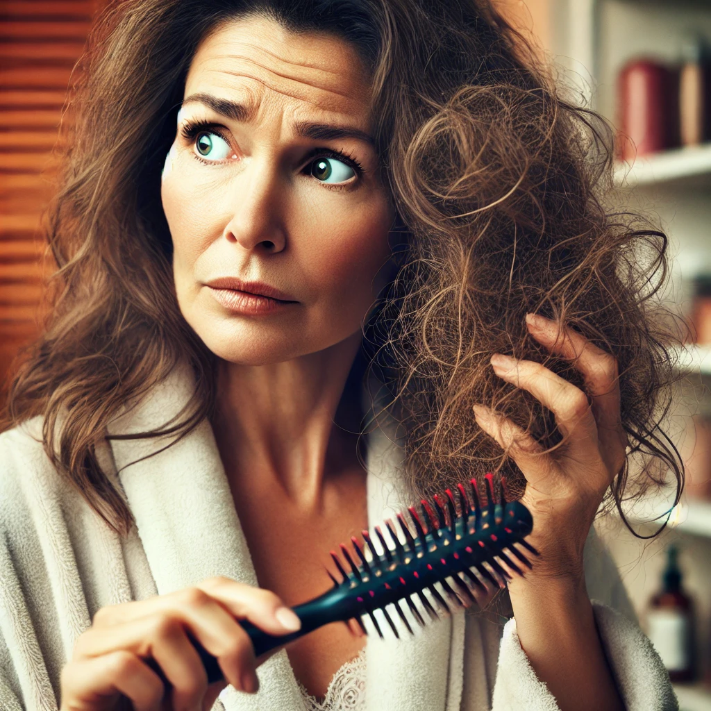 Uma mulher madura, com cerca de 45 anos, segurando uma escova de cabelo cheia de fios soltos. Ela está olhando para a escova com um olhar assustado devido à queda capilar.