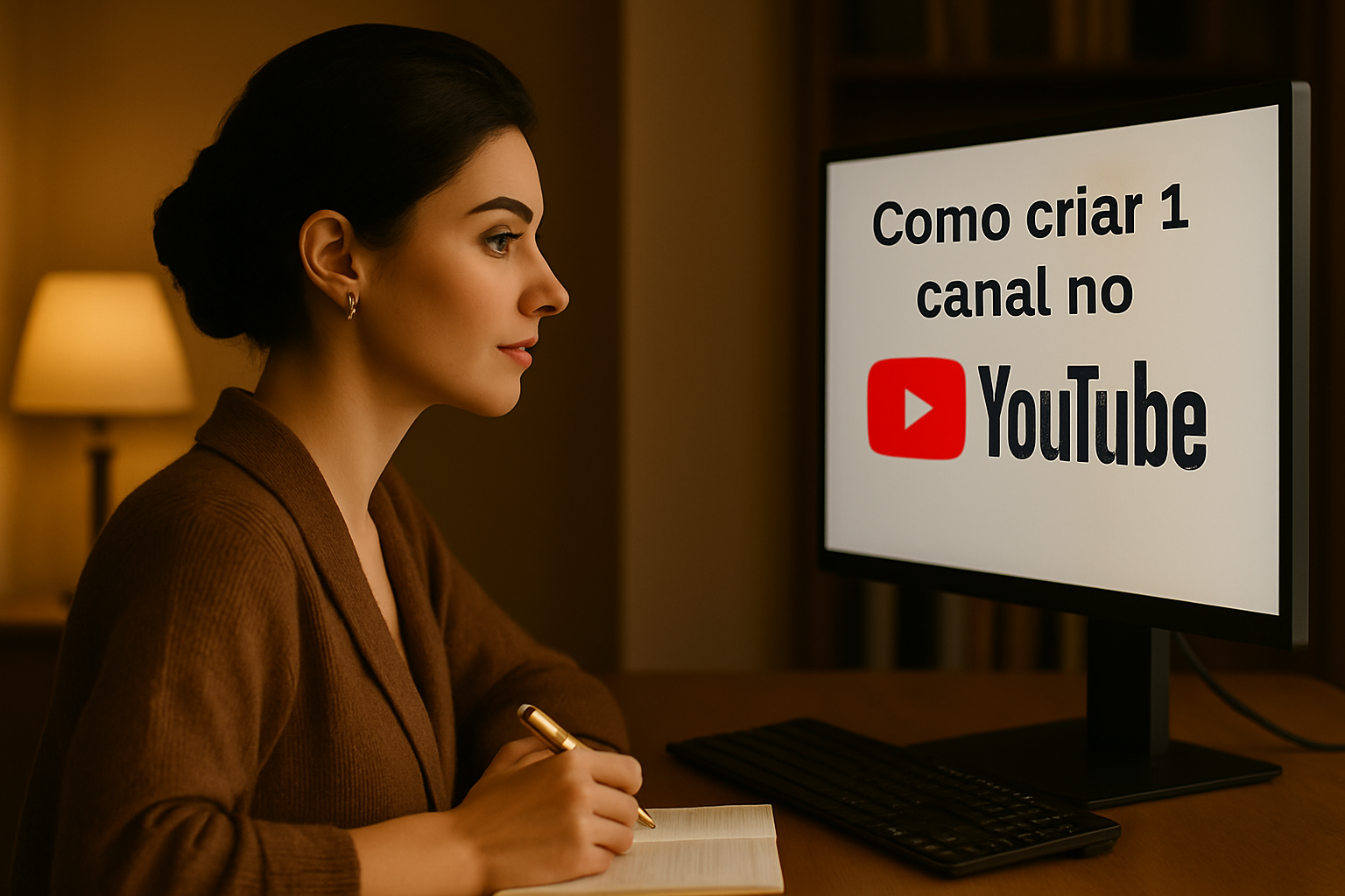 Mulher estudando em seu computador, sobre o Youtube.
