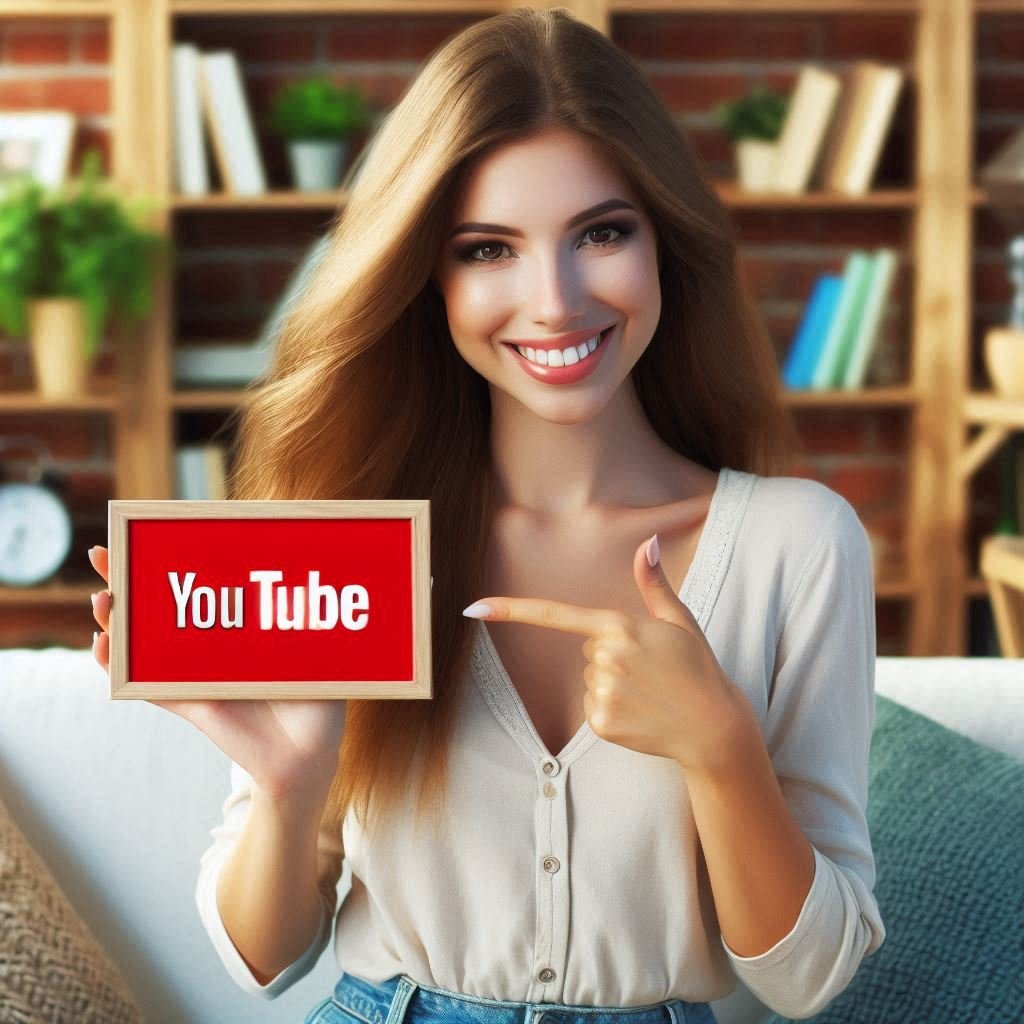 Mulher segurando uma placa vermelha escrita Youtube.