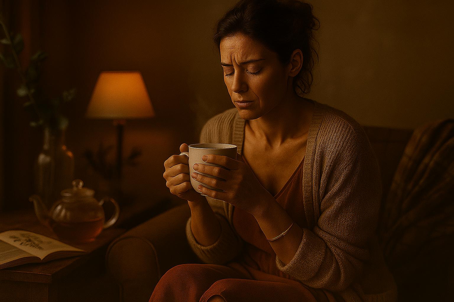 Mulher com infecção urinária, com uma xícara de chá nas mãos. Ela está em sua sala, sentada no sofá, ao lado, uma mesinha de canto com um livro sobre o poder curativo das ervas naturais, aberto.