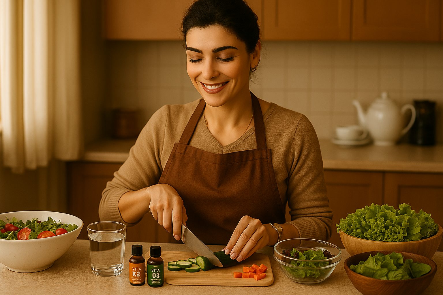 Mulher bonita, cortando verduras, preparando saladas, e à sua frente, dois vidros de Vitaminas.