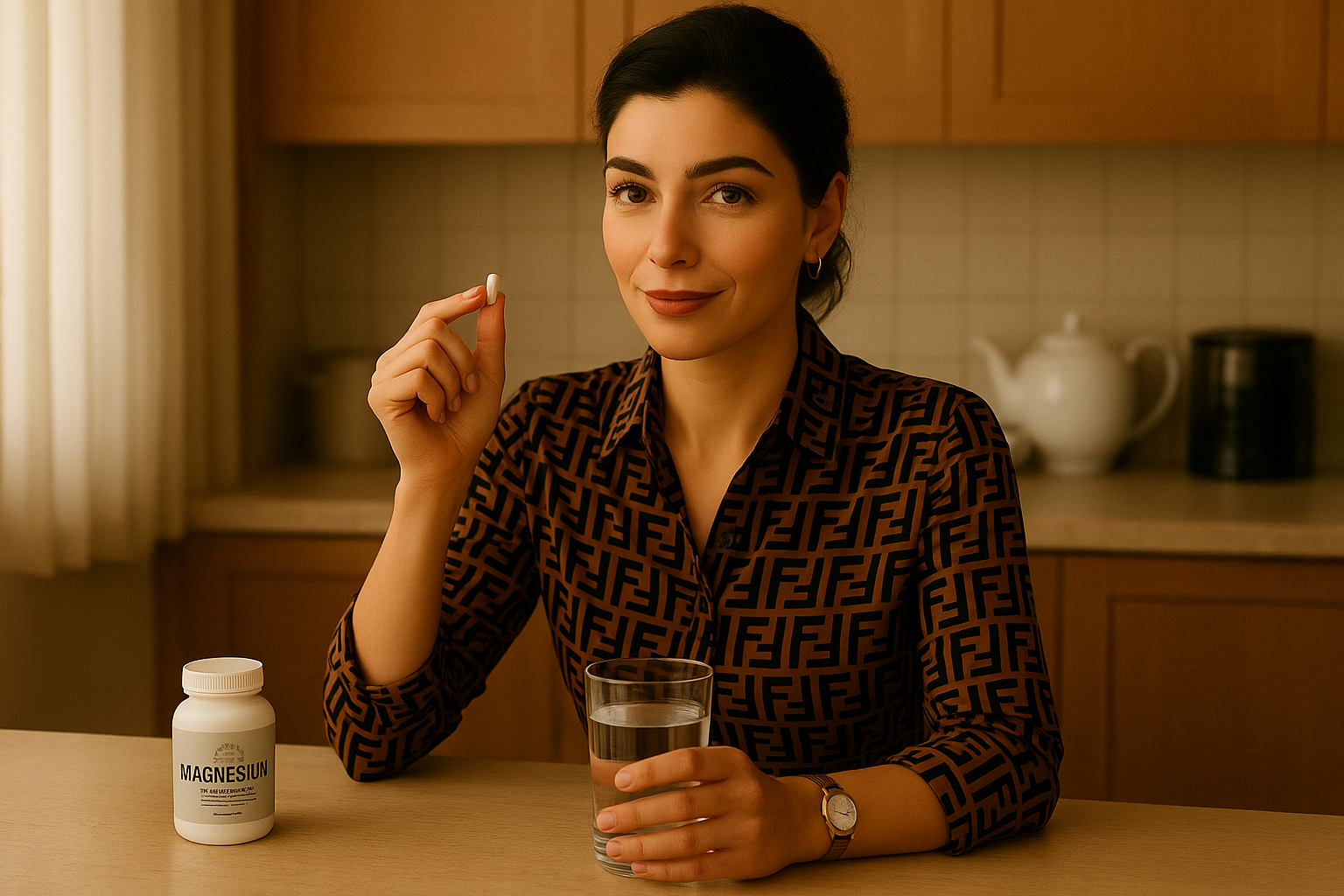 Mulher na cozinha tomando cápsula de magnésio, com um copo de água na mão
