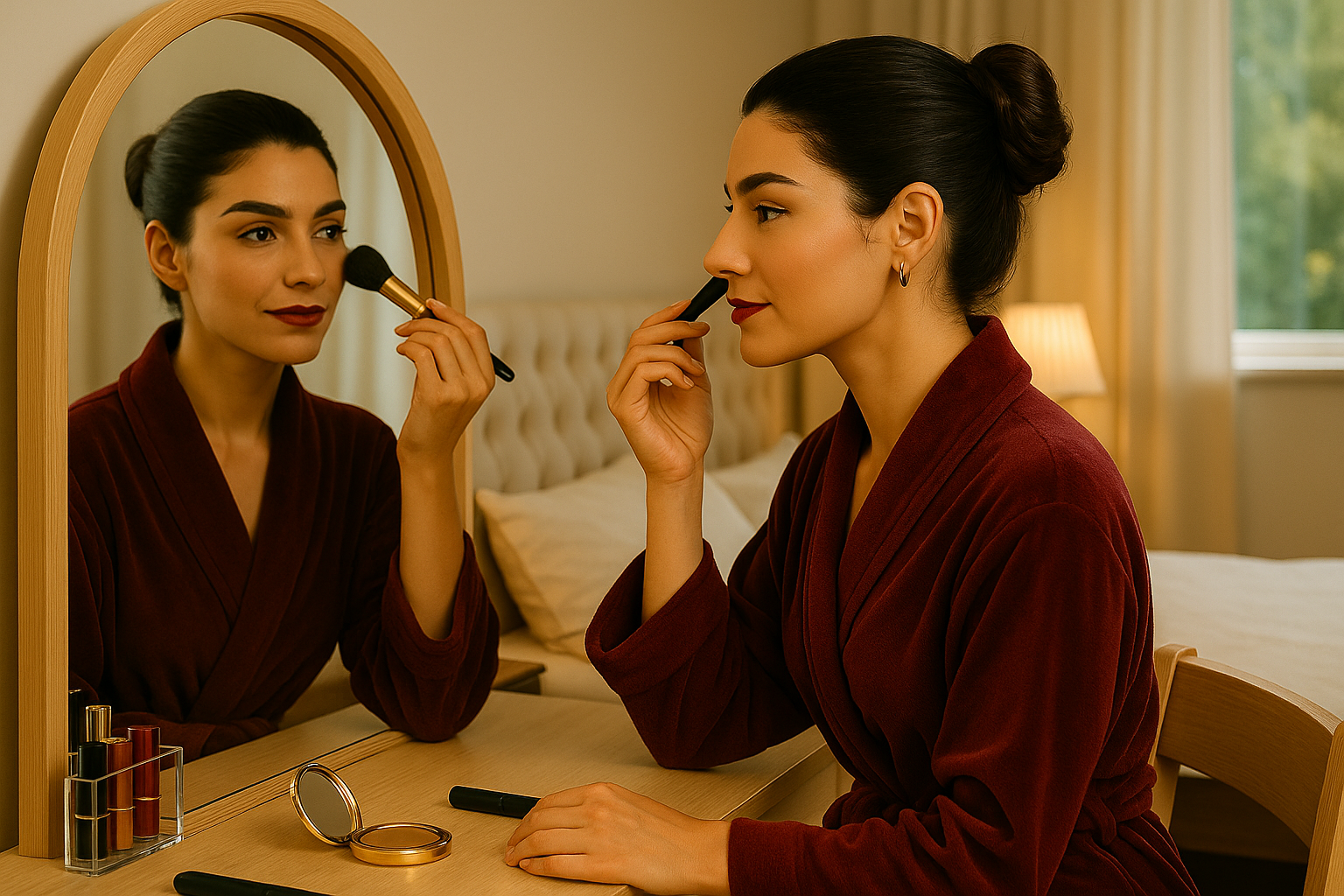 Mulher de 40 anos, se maquiando em frente ao espelho do quarto, usando técnicas e produtos adequados à sua pele madura.