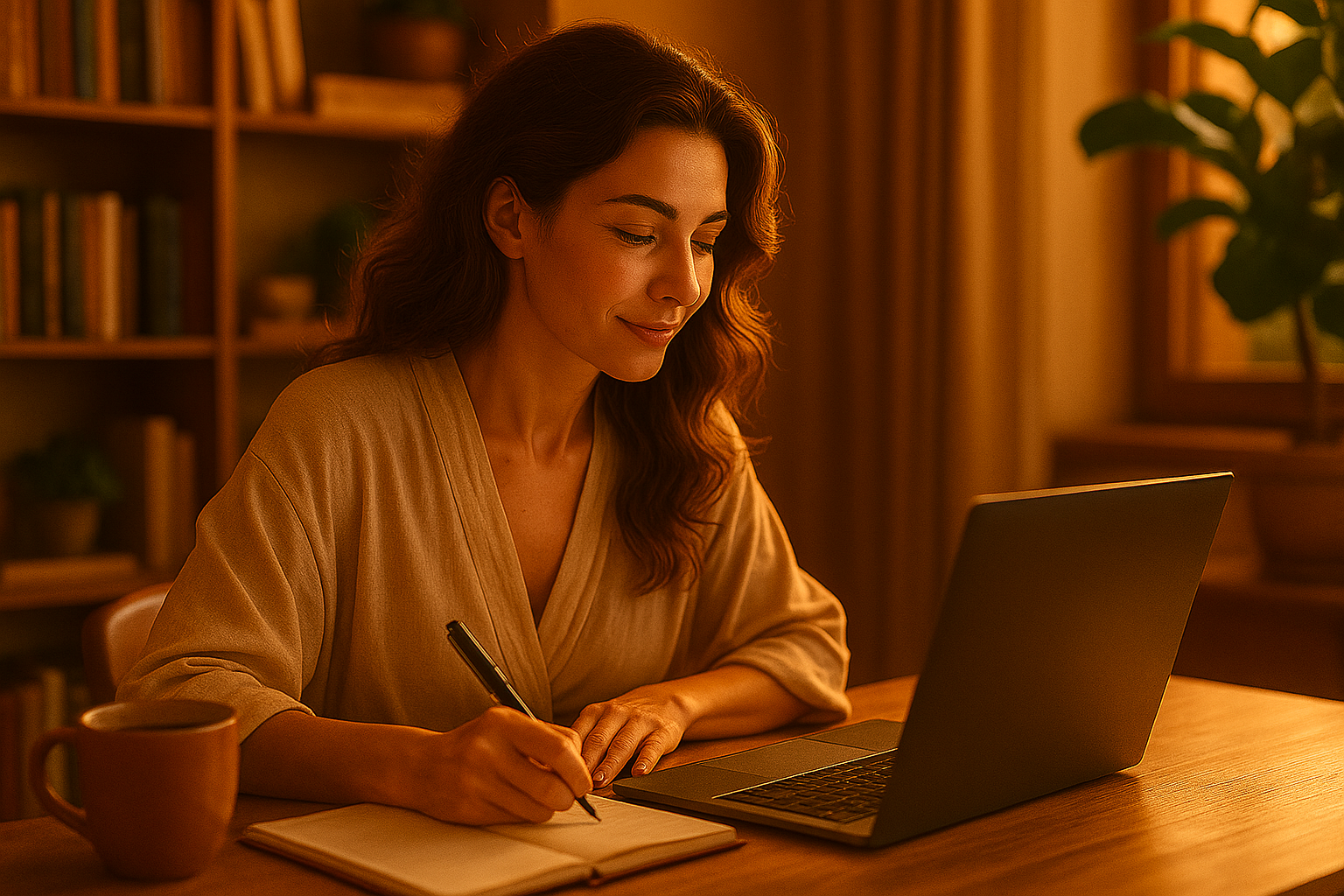 Mulher madura pesquisa em seu laptop, como começar seu negócio digital. Ela está atenta, anotando as dicas em seu caderno.