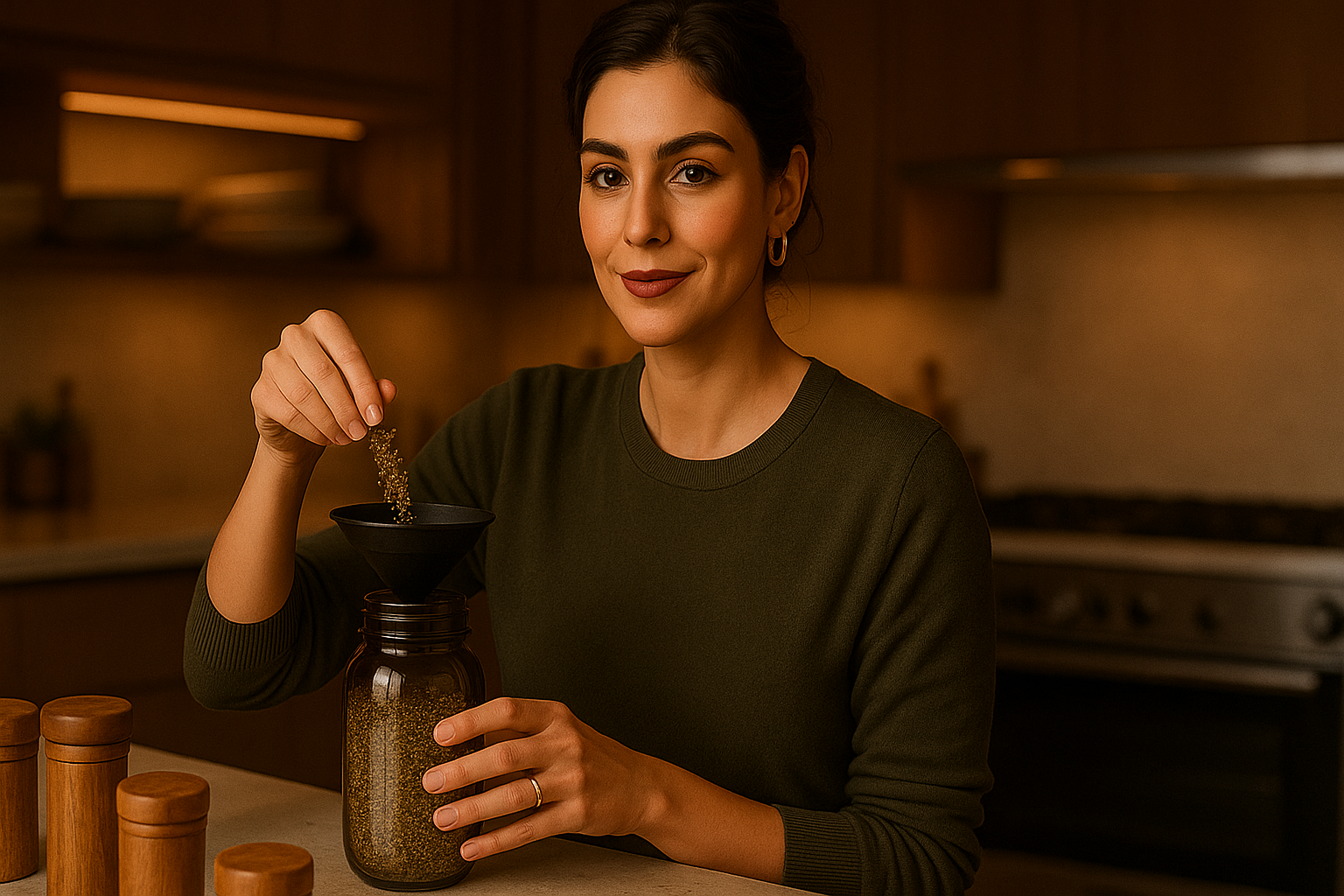 Mulher bonita sentada, na sua cozinha, fazendo alquimia dos sabores