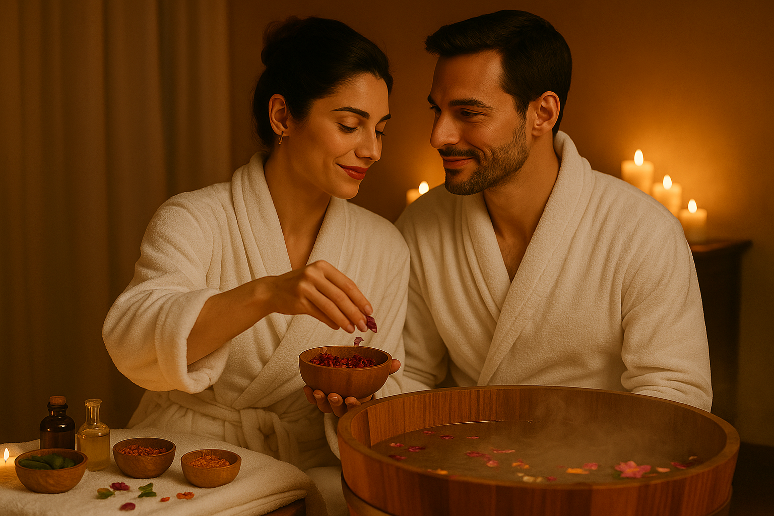 Um casal de roupão branco preparando seu banho afrodisíaco