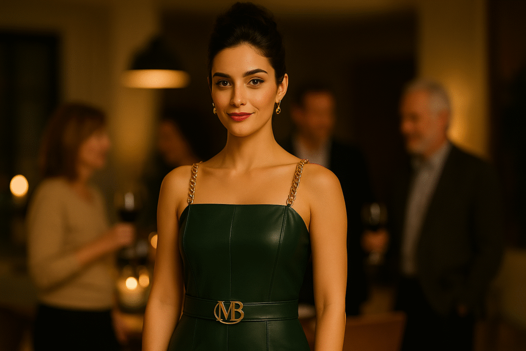 Mulher bonita, de macacão verde esmeralda, pessoas ao fundo, expressando elegância madura e feminilidade.