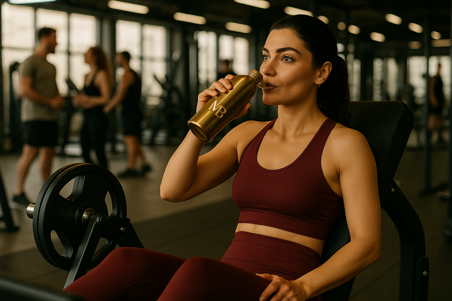 Mulher madura praticando exercícios de musculação na academia, sentada no aparelho de leg press enquanto toma água, simbolizando a importância de fortalecer a musculatura após os 40 anos.