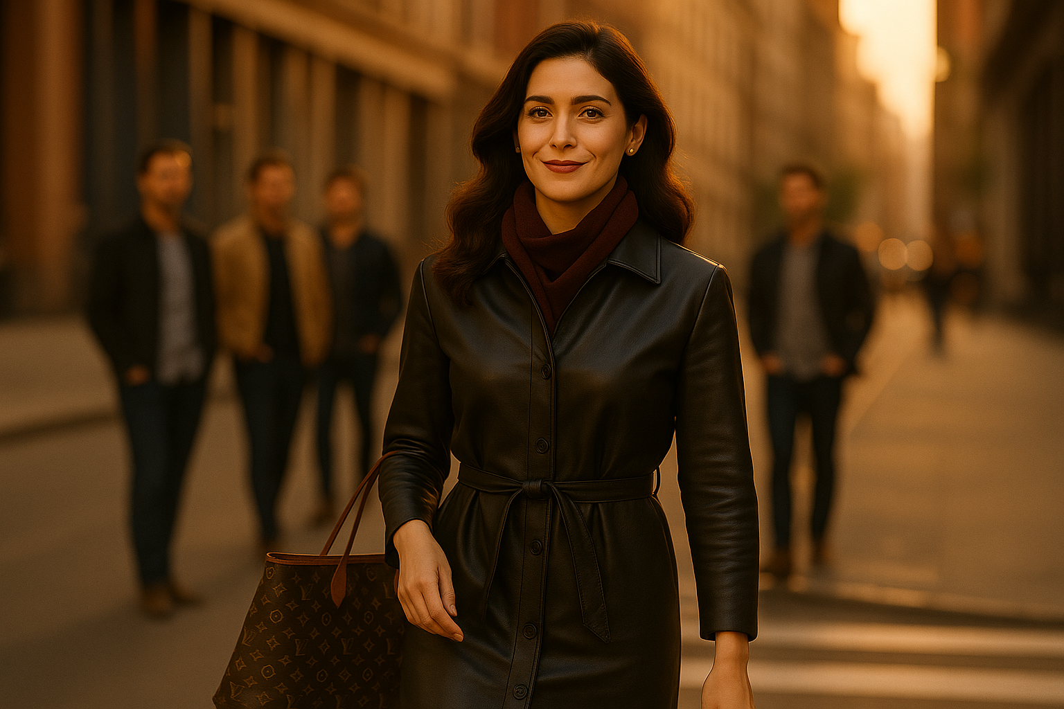 Mulher madura caminhando com elegância pela cidade ao entardecer, transmitindo confiança e autenticidade – representação visual de como fortalecer sua imagem pessoal após os 40.