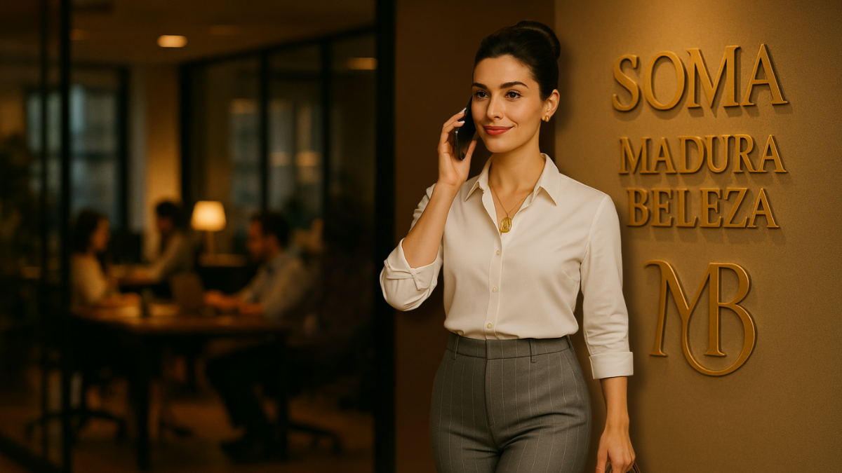 "Mulher elegante em ambiente de escritório, vestindo camisa clara e calça de alfaiataria cinza, em frente à parede com o logo SOMA Madura Beleza, falando ao telefone com expressão confiante."