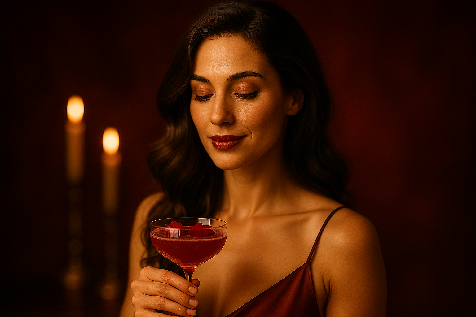 Mulher madura de expressão serena segura uma taça de drink afrodisíaco com pétalas de rosa, em um ambiente intimista com velas acesas ao fundo. Ela veste seda vinho e transmite sensualidade silenciosa e presença feminina.