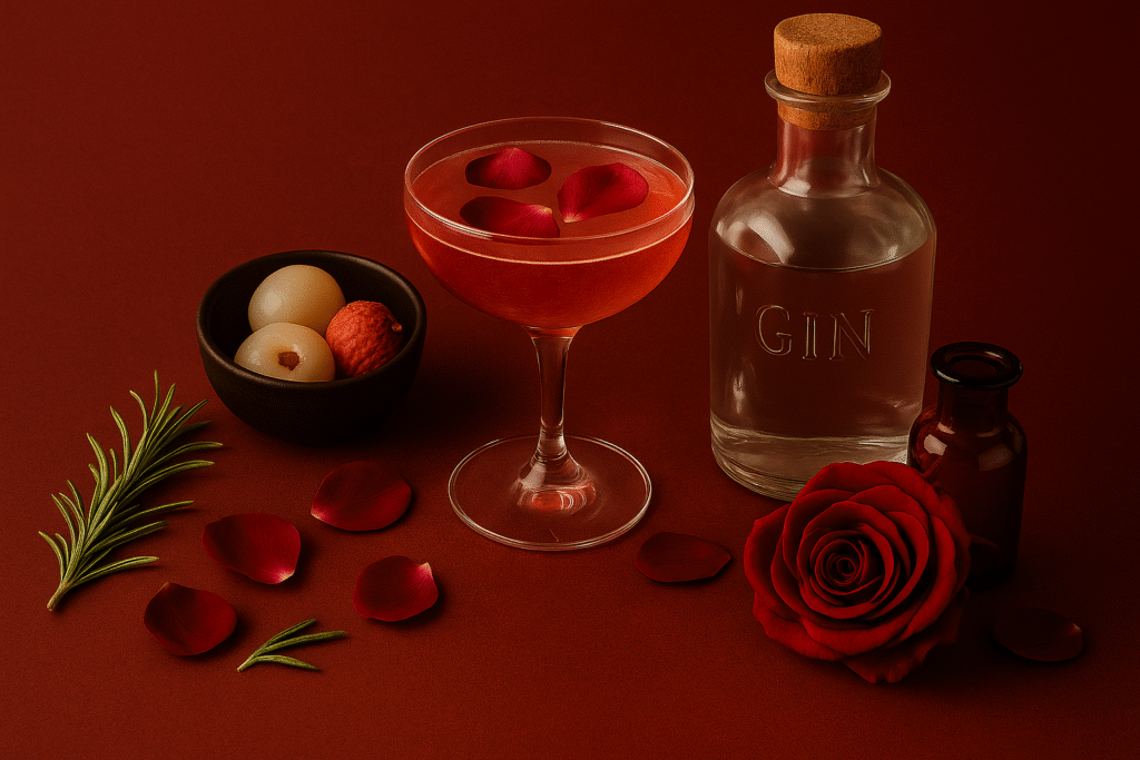 Imagem de um drink afrodisíaco chamado Rosa de Vênus, servido em taça com pétalas de rosa, rodeado pelos ingredientes naturais da receita: gin, lichia, limão e água de rosas. Bebidas afrodisíacas pensadas para estimular o prazer da mulher madura com elegância e intenção.
