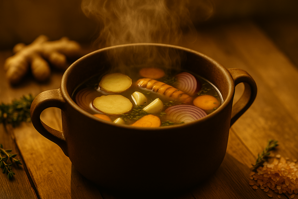 imagem retrata Caldos curativos, sendo este preparado em panela rústica com ingredientes naturais como gengibre, alho, cebola roxa e cúrcuma, ideal para fortalecer o corpo e promover bem-estar.