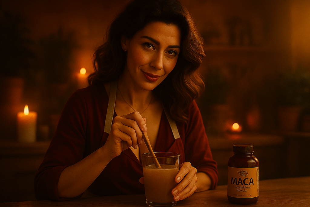 Mulher madura preparando bebida com maca peruana em ambiente acolhedor, simbolizando o uso natural de suplementos para estimular a libido feminina na maturidade.