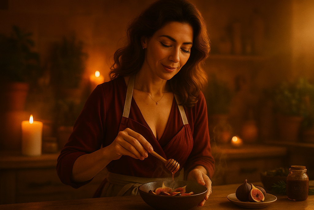 Mulher madura preparando uma receita afrodisíaca com figos frescos e mel, em um ambiente acolhedor à luz de velas — expressão sensorial da libido feminina na maturidade