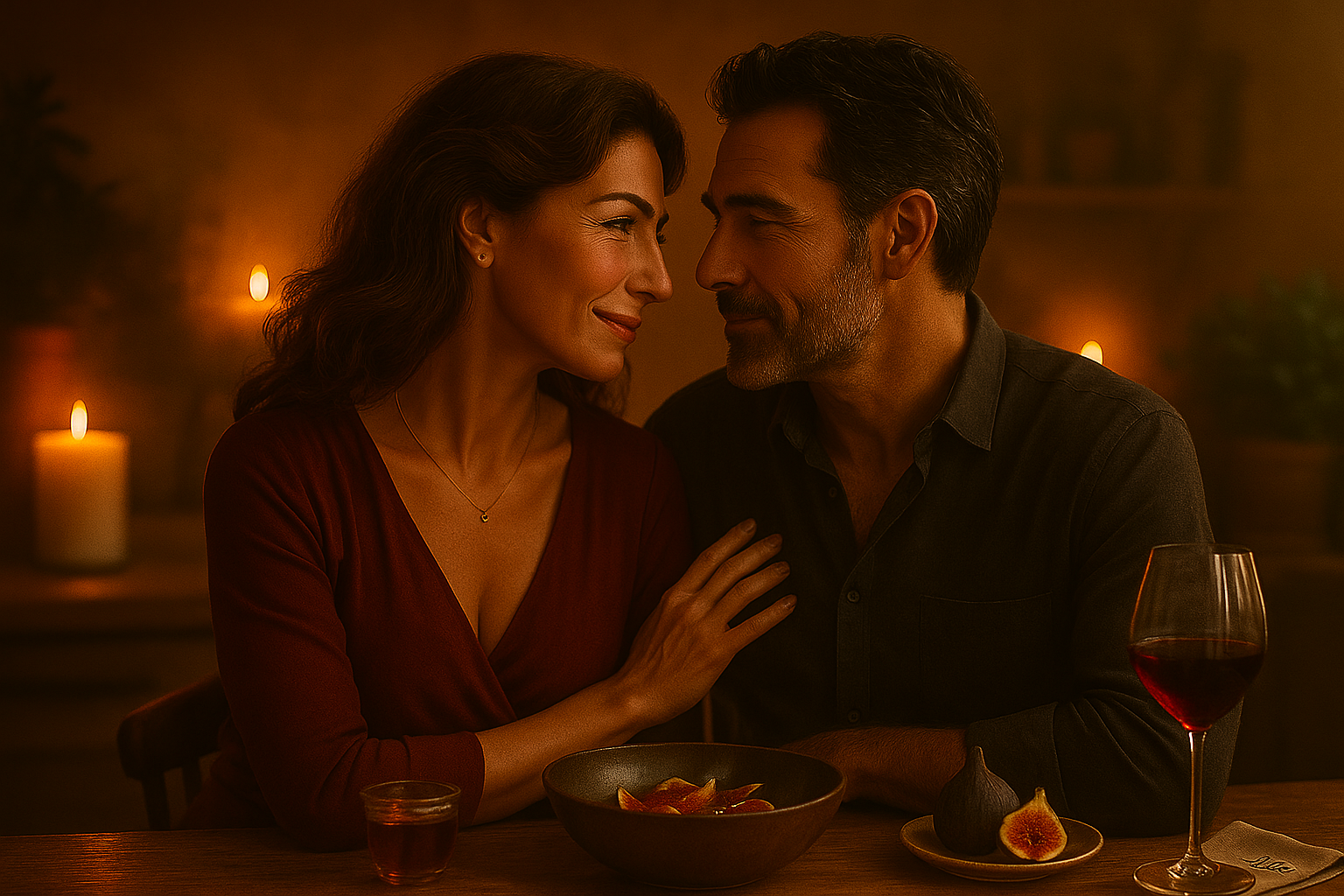 Casal maduro trocando olhares apaixonados à luz de velas, com taça de vinho, figos frescos e ambiente acolhedor, simbolizando conexão emocional e sensualidade na maturidade.