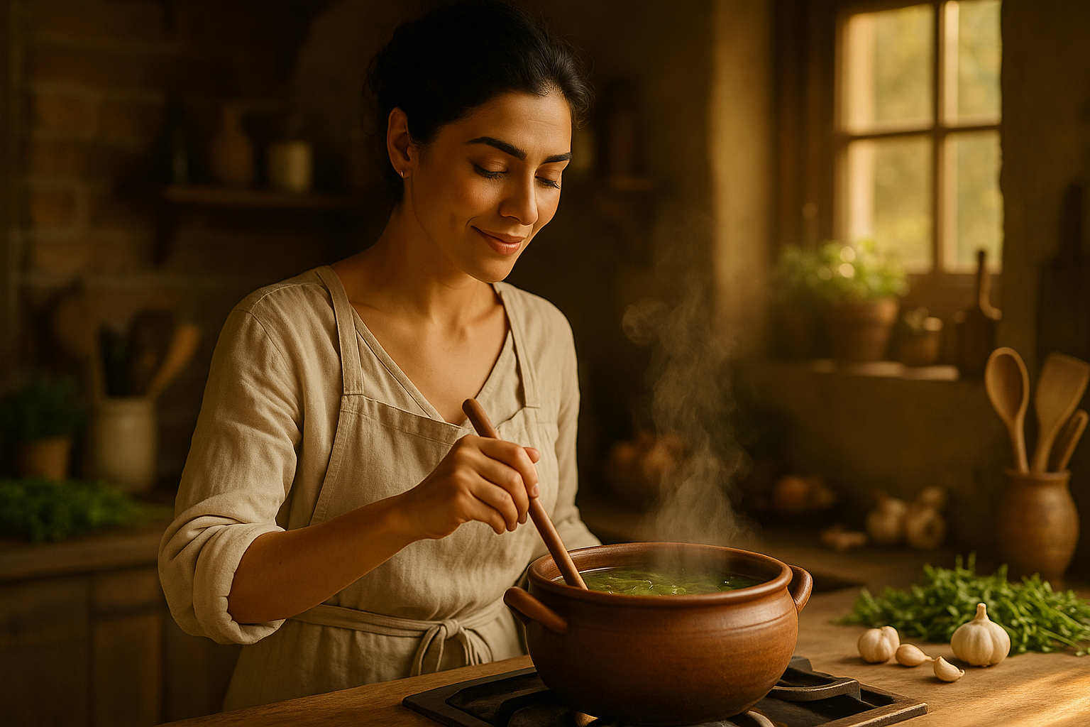 "Mulher de pele morena e cabelos escuros presos em coque simples, cozinhando em uma cozinha rústica iluminada pela luz do sol. Ela prepara um caldo de ervas em uma panela de barro, rodeada por ingredientes naturais como alho e folhas frescas. A cena transmite serenidade, conexão com a natureza e um momento de autocuidado ancestral."