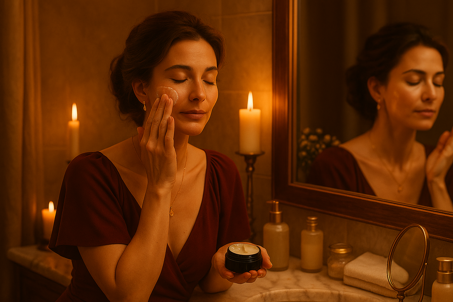 Mulher Madura massageando a sua pele com creme, para uma rotina de rejuvenescimento natural.